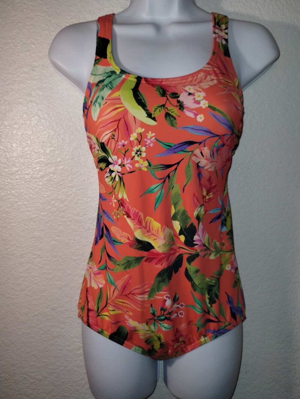 Lands' End One Piece Swimsuit Orange Green Tropical Print Size Small